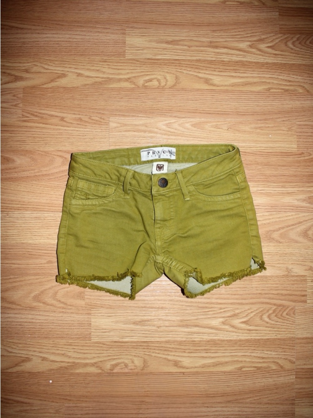 PRVCY Green Low Rise Frayed Hem Denim Shorts